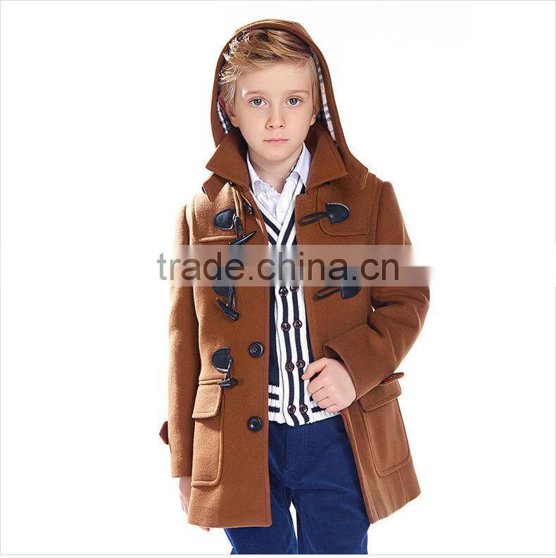 ELPA Tan wool long slim fit winter overcoat with removable cap for boy