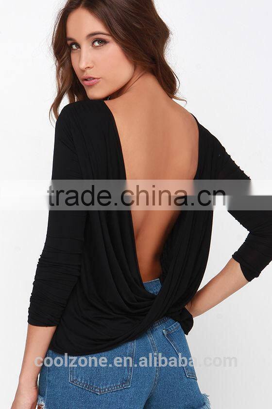 2015 fashion lady long sleeve twist back high neck backless blouse