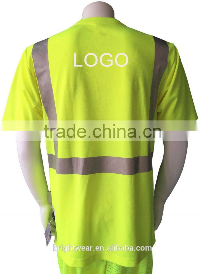 100%polyester short sleeve reflective chest pocket fluorescent t-shirt