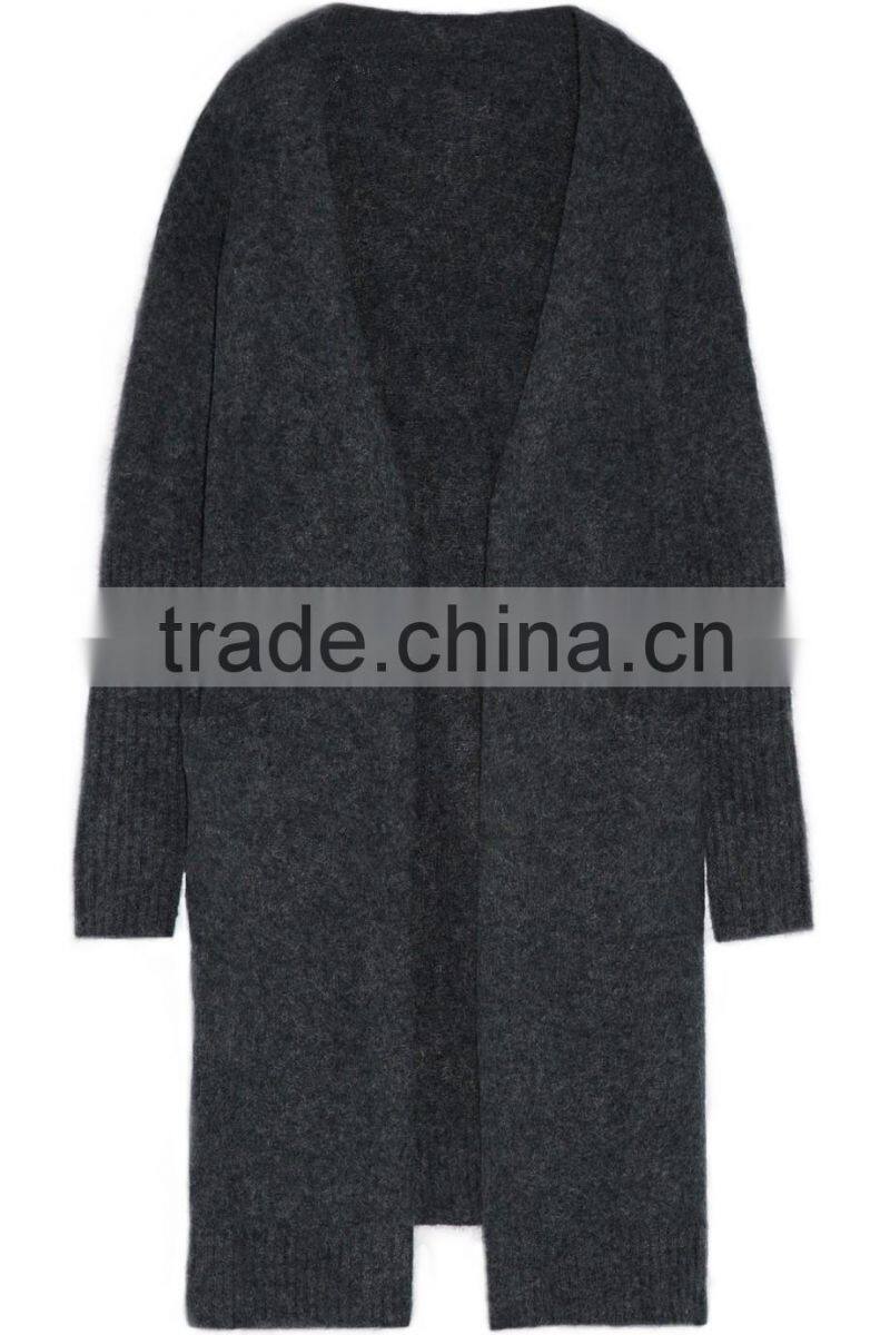 Long Version Women Wearing Knitted Cardigan with Ribbed Cuffs and Hem with Multi Colors Options