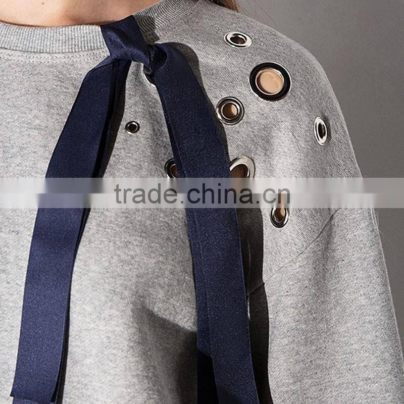 New!Girls cotton loose crewneck sweatshirt pullover with eyelet detail