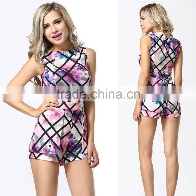 Fashion sleeveless adult casual jumpsuits rompers women stylish floral romper for sale