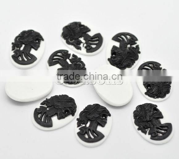 Black Resin Halloween Skull Pattern Oval Cameo 25x18mm(1"x3/4"), sold per packet of 50