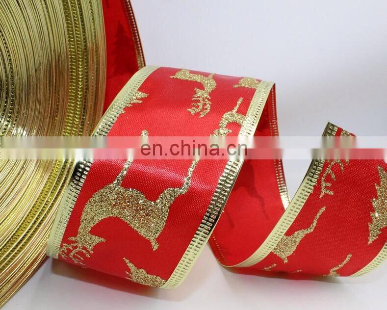 Red Ribbon With Glitter Deer And Tree Printed Grosgrain and Satin Ribbon Christmas Decoration DIY Handmade Materials