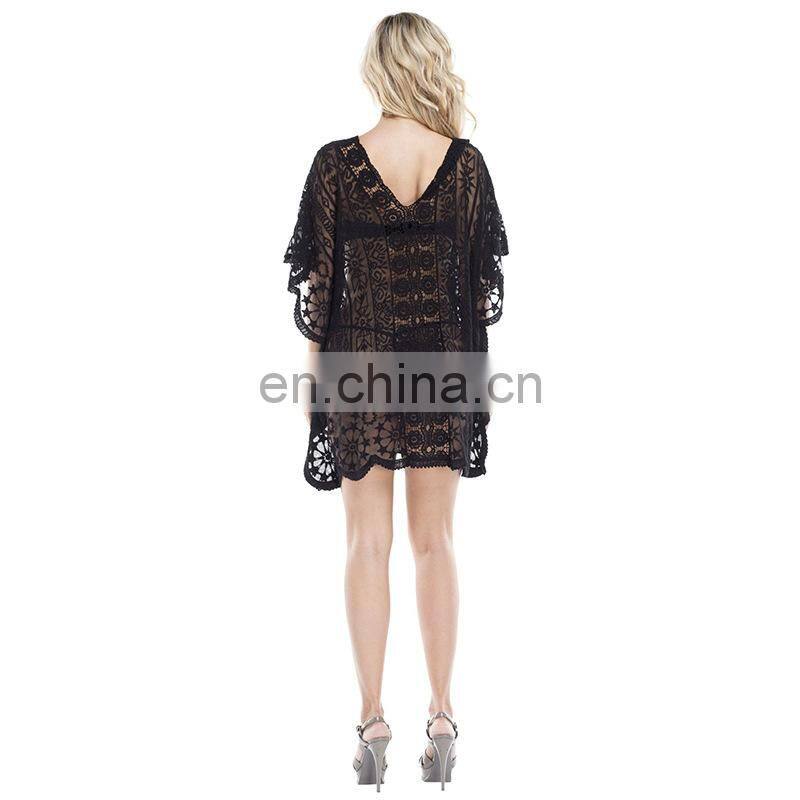 2019 Sexy See Through V-Neck Bats Sleeve V Back Loose Summer Beach Dress Lace Tunic Women Beachwear Plus Size Sarong Plage