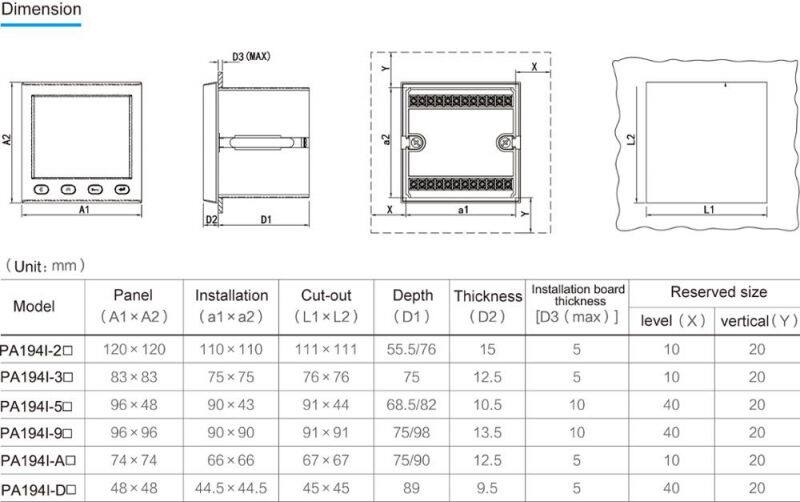 PA194I-9K1 96*96mm single phase panel mounted amperemeter analog output RS485