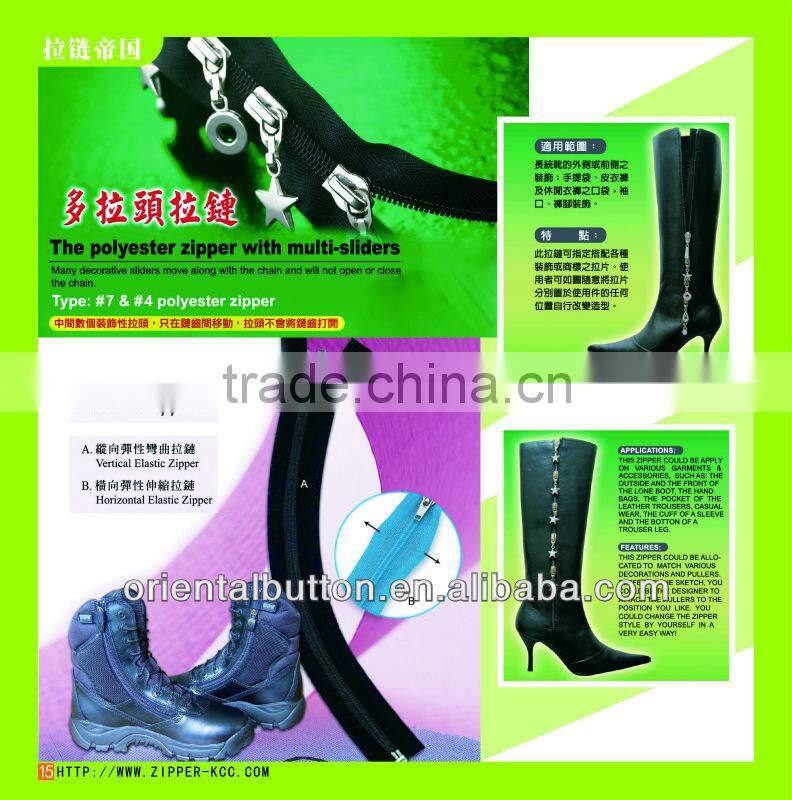 Close end polyester zipper with multi sliders