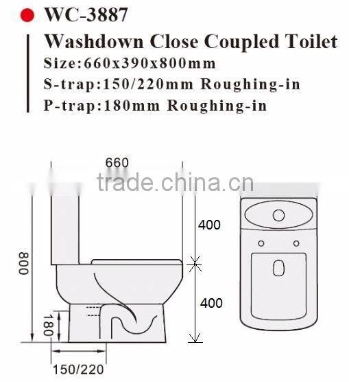 Two-Piece Washdown Watermark Toilet S/P Trap with GEBERIT or R&T Fitting Soft Cover, Australian Standard WELS WC-6002