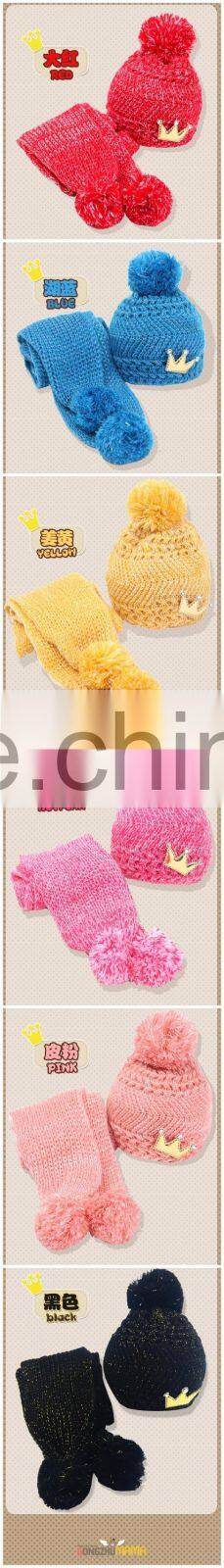 High Quality Fashion Korean Golden Crown Applique Knitted Kids Baby Hat Scarf Set