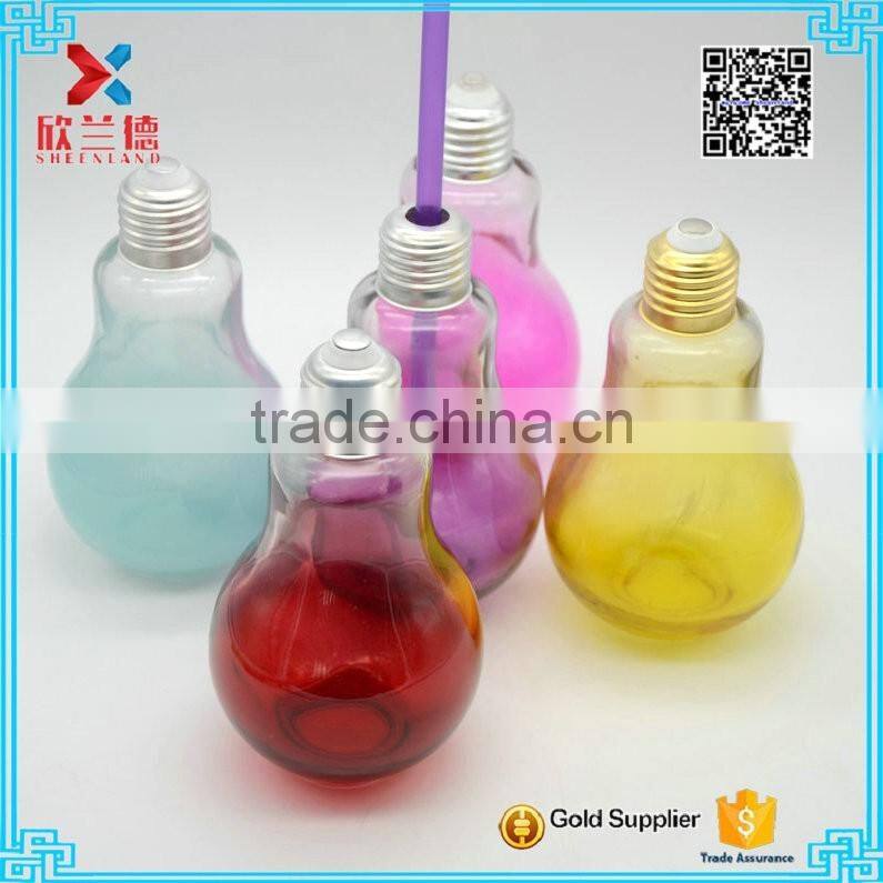 New Arrival!! unique color glass bottle, bulb colored lamp bulb bottle, 200ml purple bulb bottle for beverage with silver cap