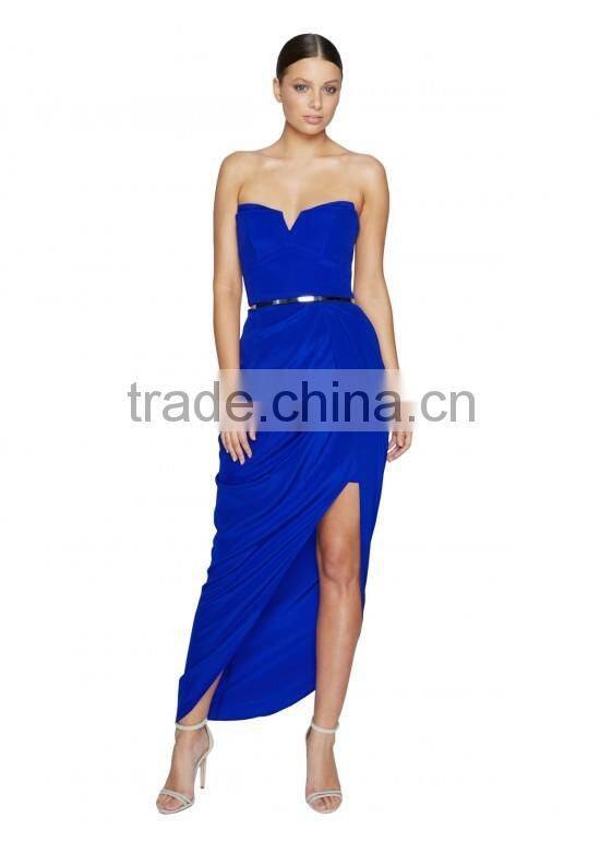 Lady's silk crepe de chin long strapless evening dress