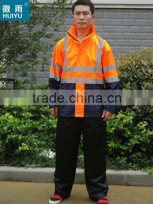 en471popular raincoat with reflective strips factory eflective traffic fluoescent unisex raincoat emergency raincoat with lining