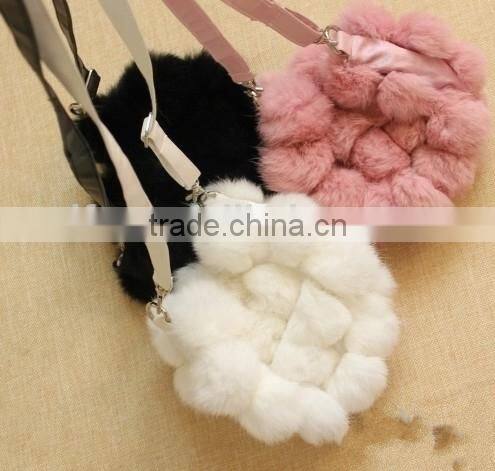 Lovely Design Unique Style Gather Rabbit Fur Pompoms Leather Chain Bags