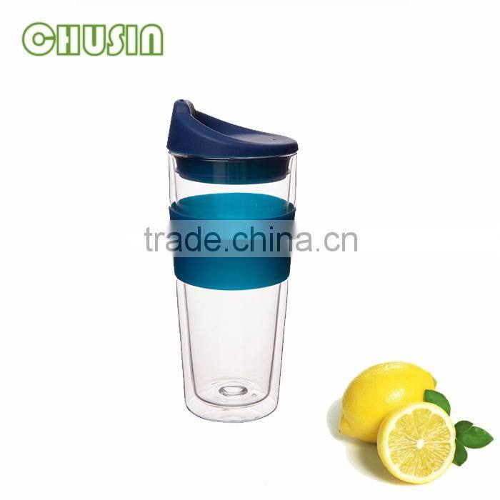 Popular double wall glass coffee cup/milk mug/tea cup with silicone lid and silicone sleeve