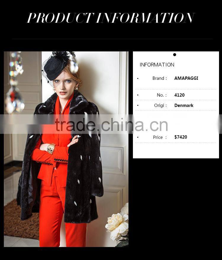 2015 new design custom black mink fur coat with white spot coat