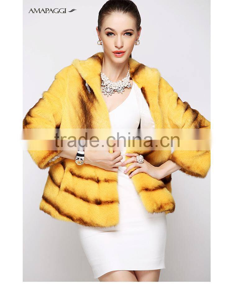 hot sale yellow cross mink coat with hood women warm fur coat for winter