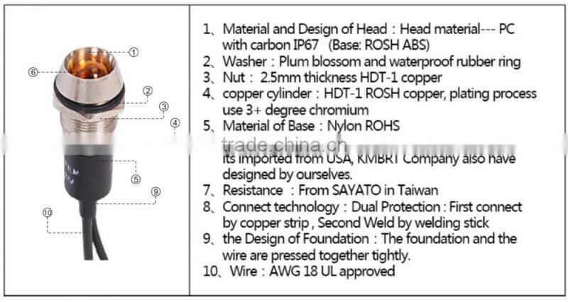12v amber green red fire system mini waterproof LED indicator light 200mm cable leading anti vandal IP67 12mm diameter panel