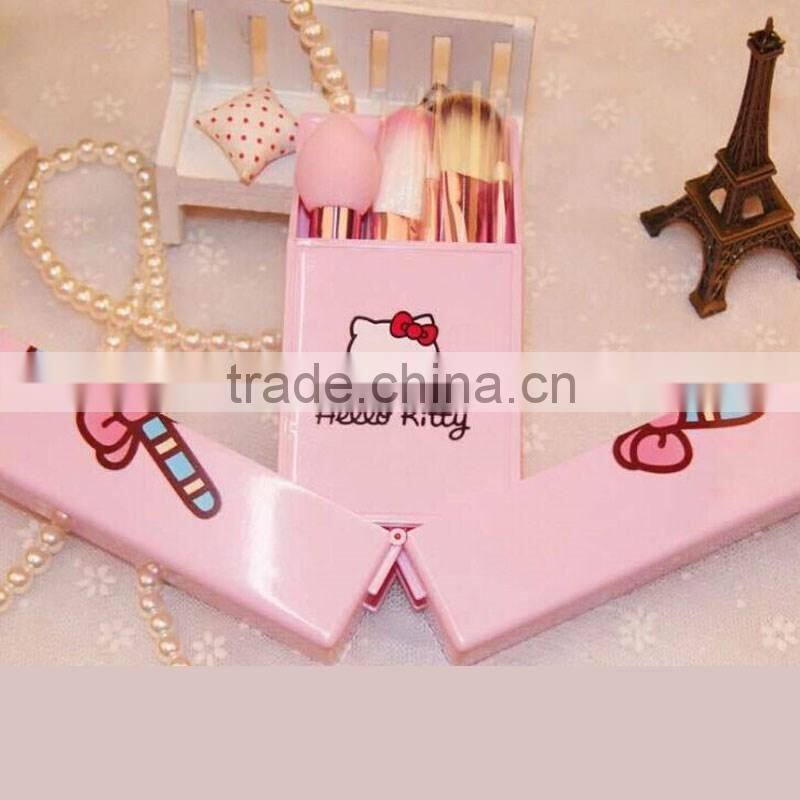 New arrival! 8pcs hello kitty makeup brushes professional pink plastic handle synthetic hair makeup brush set with mirror