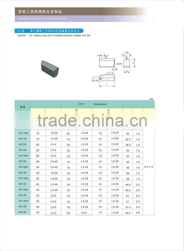 K21 type cemented carbide insert for making X-shaped carbide drill bits