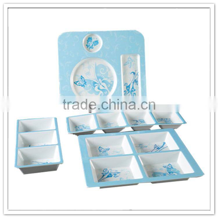 Retro elegent butterfly printed light bule cheap plastic brilliant dinnerware set divided tray plate