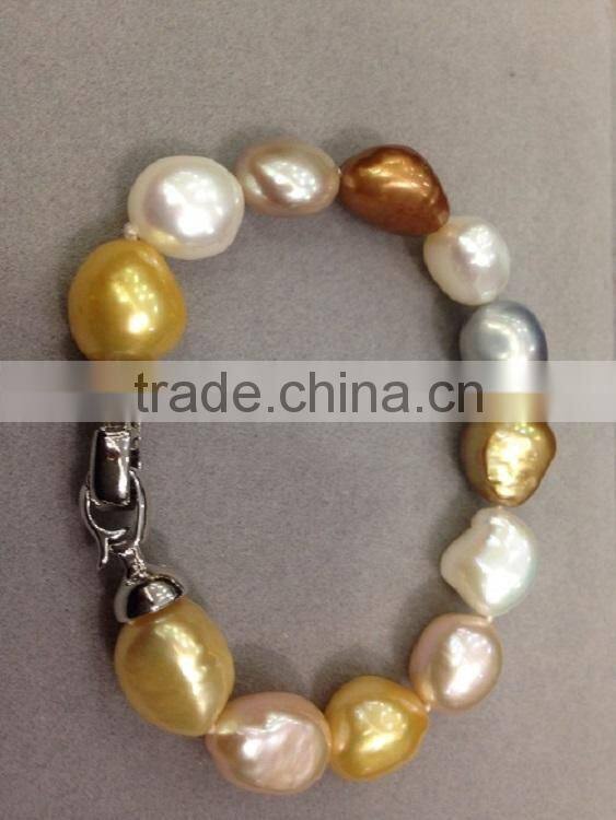 14k white gold 6-7 mm multicolor rice shape freshwater pearl bracelet