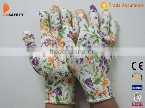 DDSAFETY 13 Gauge Flower Design Seamless Gloves Garden Gloves With PVC Dots On One Sides