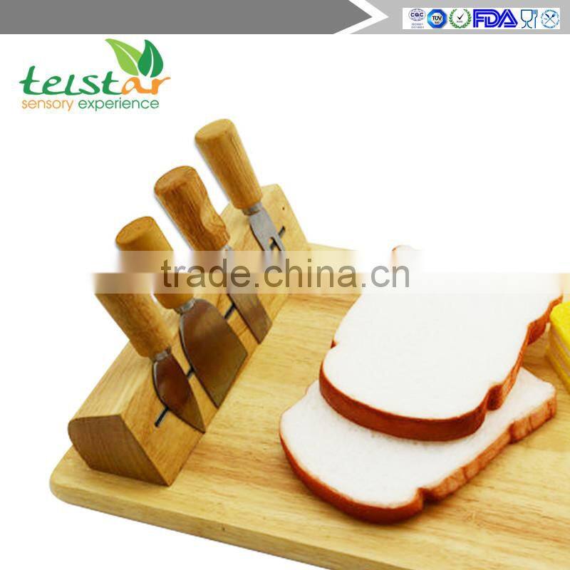 Manufacturer for bamboo & wooden products rubber wood cheese board with 4knives set cheese knife set cheese board set