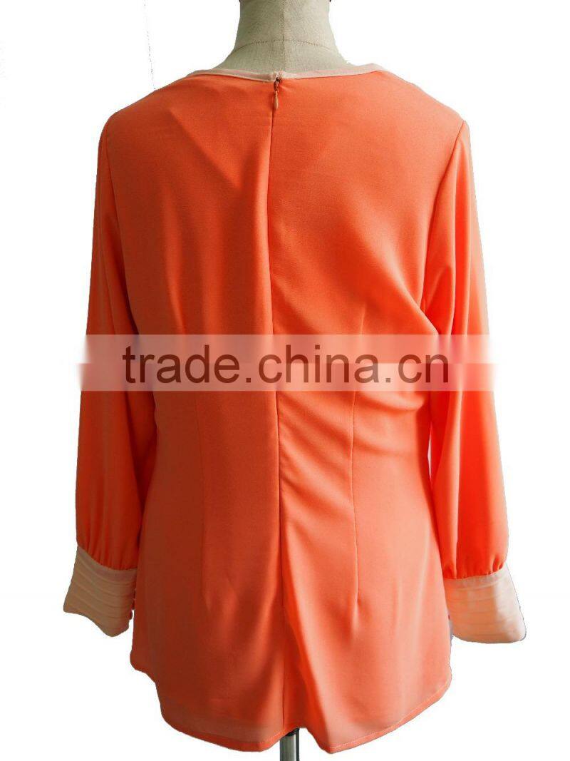 Malay style Round Collar Long Sleeve Orange Chiffon Shirt Blouse