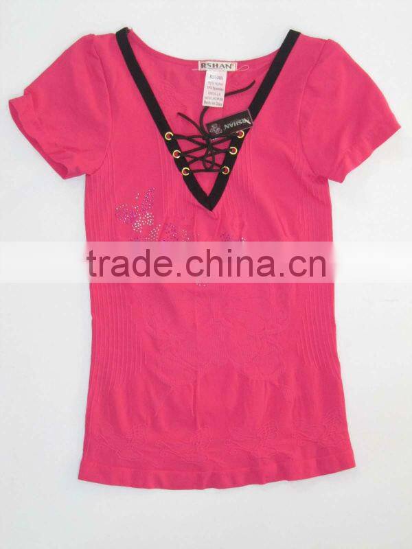 Seamless Solid Plain V Neck Short Sleeve T Shirt