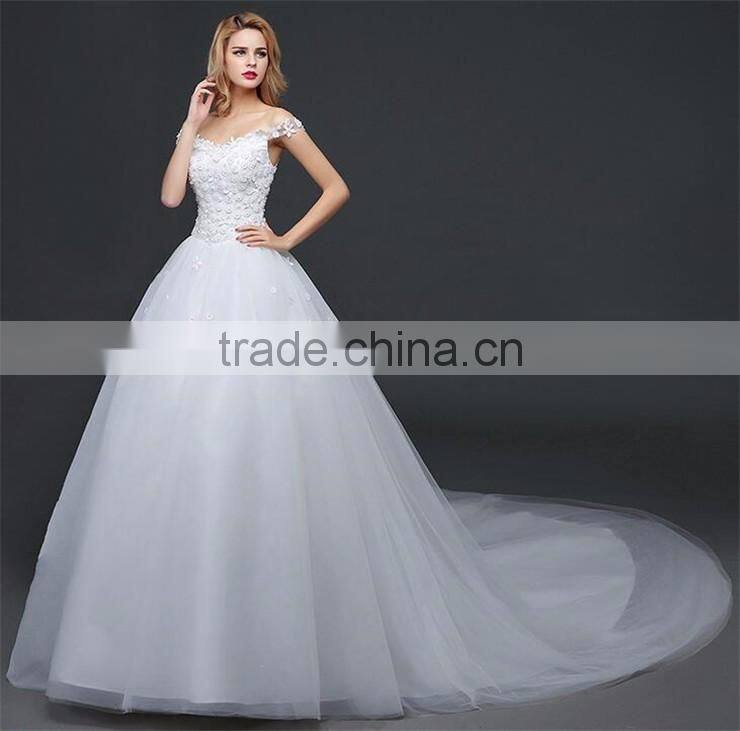 MGOO Stock Off Shoulder Flower Emboridery Beaded Back Straps Crossover Wedding Dress Bride Princess Dress