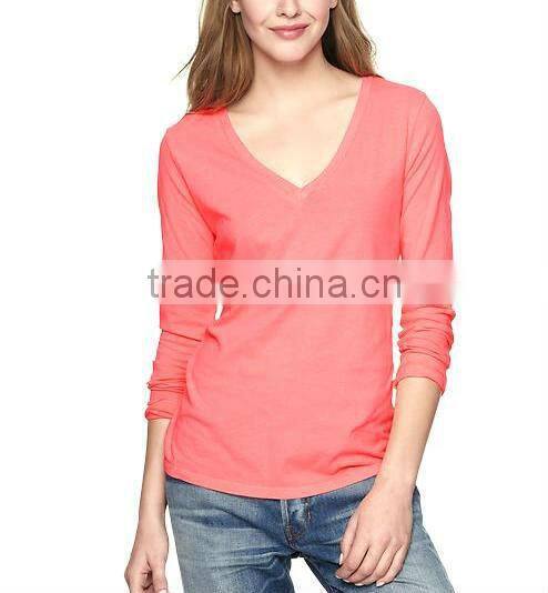 100% cotton womens deep v neck long sleeve t shirts