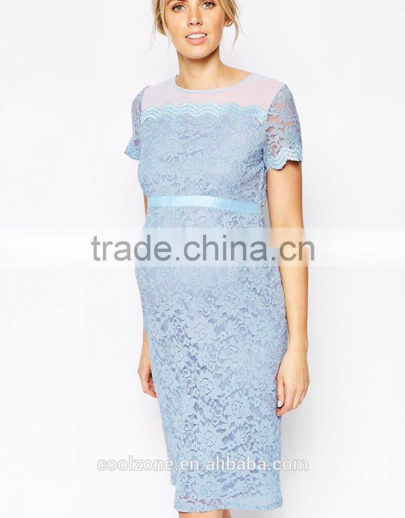 2015 Elegant body con fit lace dress with chiffon maternity dress