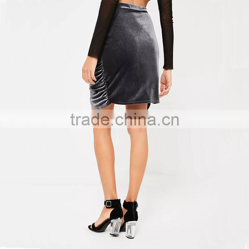 2017 New fashion ladies soft mini sexy grey tie side wrap velvet skirt