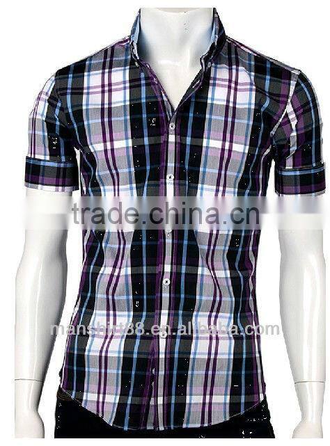 men slim fit basic short sleeve plaid casual shirt
