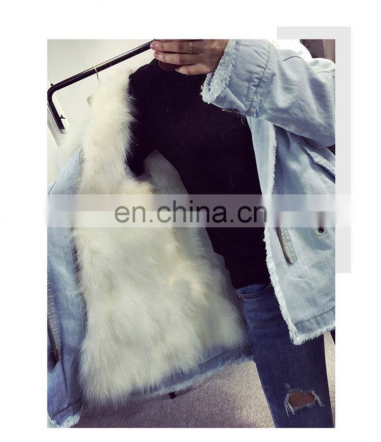 Custom High Fashion Lady Autumn and Winter Cheap Genuine Raccoon Fur Lining Women Jean Coat