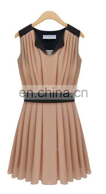 Sexy deep V neck sleeveless fashion women chiffon dress wiht black elasthan waistband