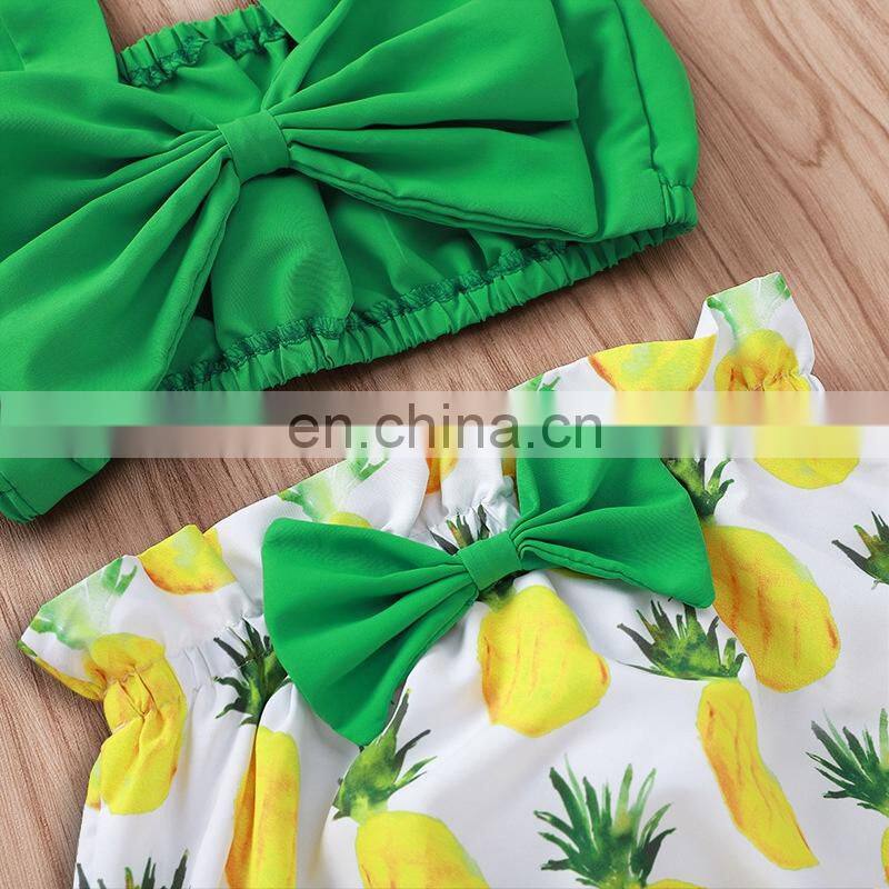 Newbrorn Summer 2pcs Set INS Baby Girl Green big bow tops & pineapple print shorts Outfit 0-2years