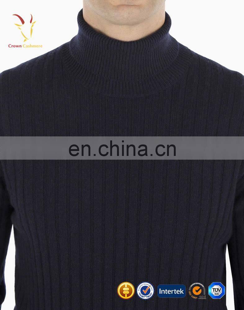 Men Black Turtleneck Rib Stitch Cashmere Sweater