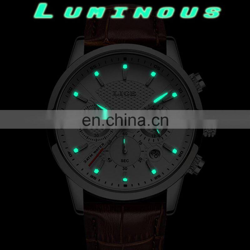 Lige 9866 Casual Men Quartz Watches Chrono Water Resistant Reloj Fashion Leather Wrist Watches for Men