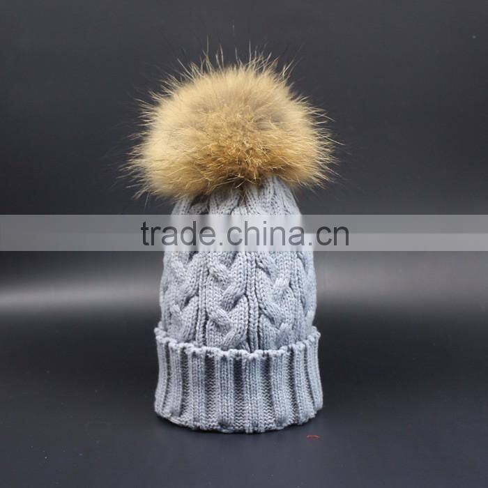 Hot Popular Real Raccon Fur Pompom Women Kintted Winter Wool Caps And Hats