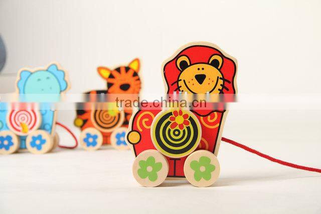 Wooden pull along toy wild animals for kids
