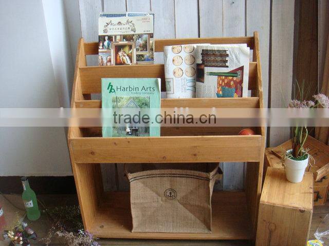 Vintage industry wooden display shelf for books and newspapers