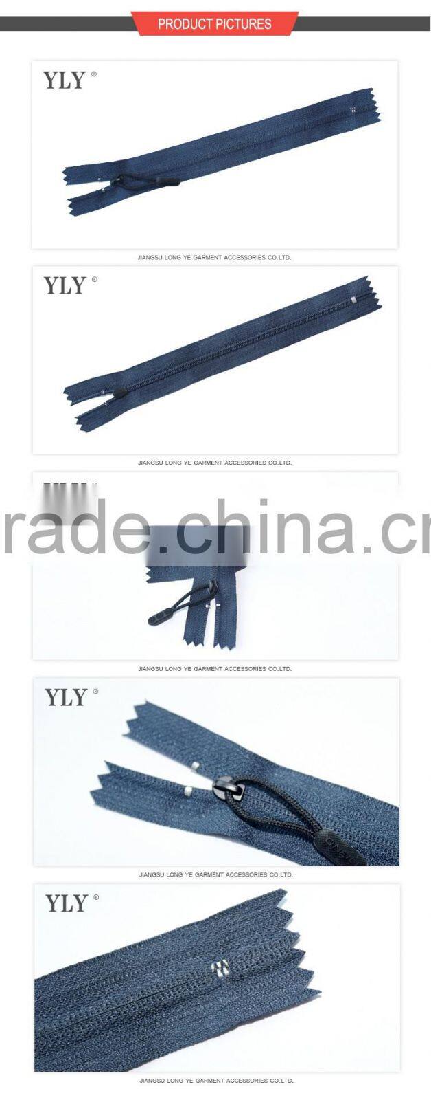 Invisible open end nylon zipper for coat