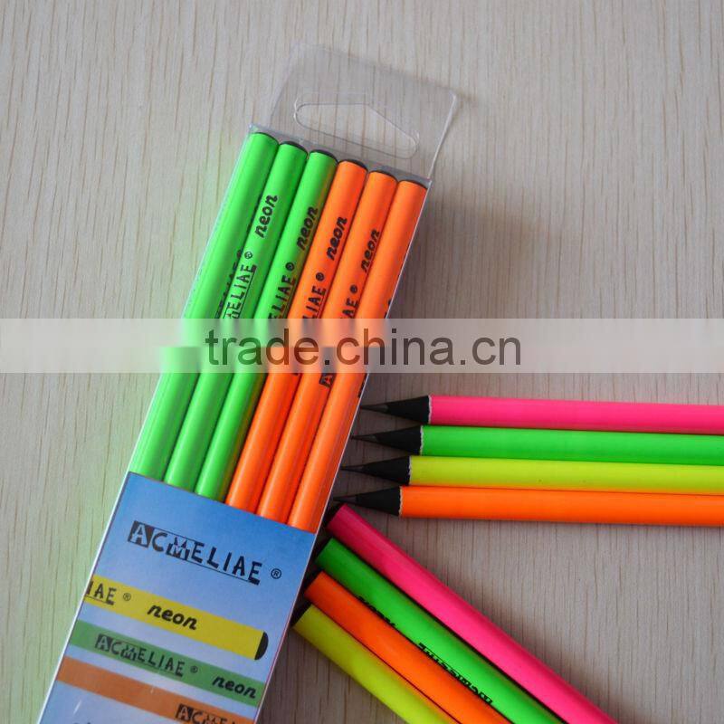 7" standard size round shape neon color body black wood pencil sharpened with dipped top