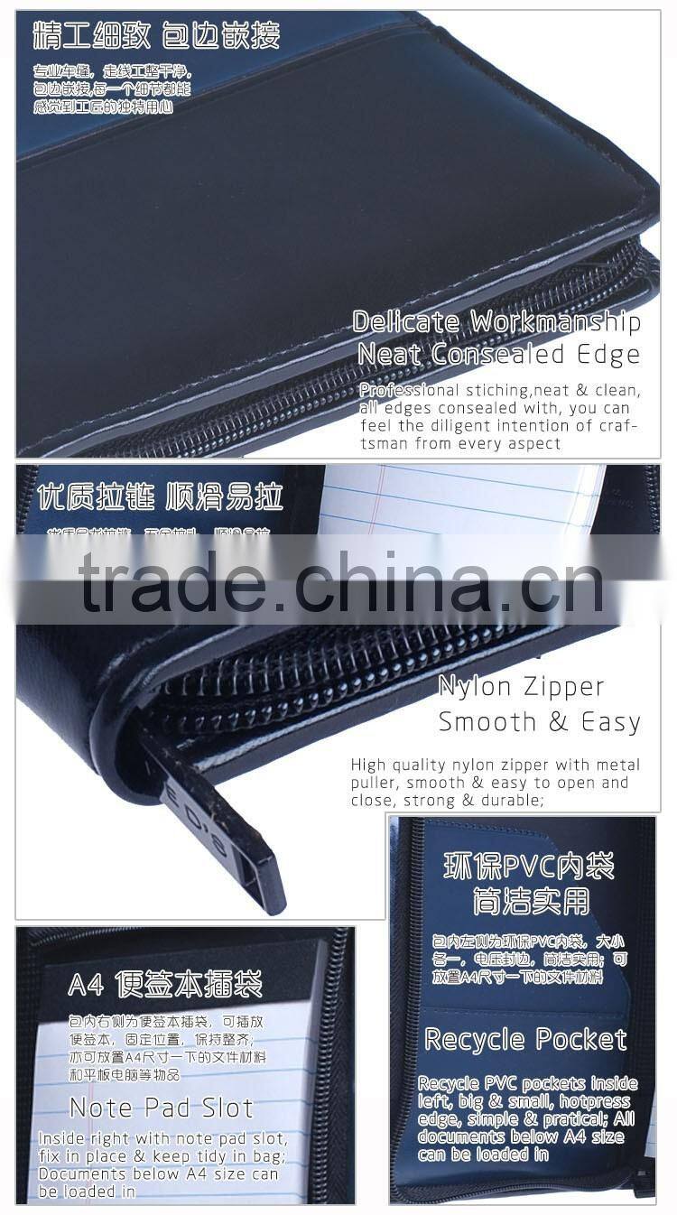 A4 leather Customized Cheap portfolio file folder with Zipper