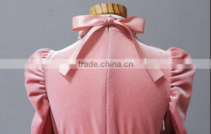 pearl neck long sleeves baby girls dresses velvet