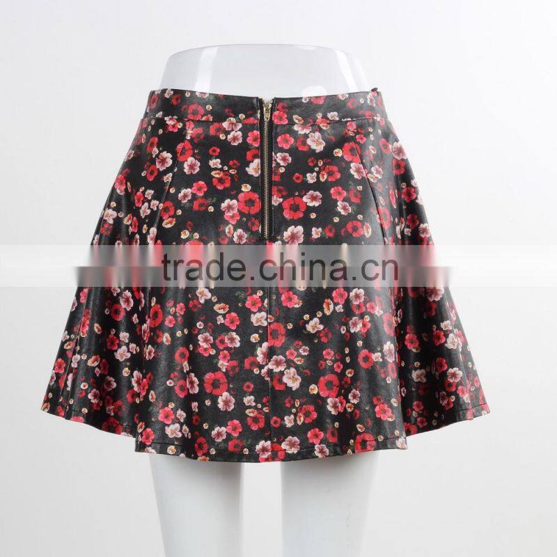 F5S43014 New Design Contrast Waistband Skater Skirt Women Floral Print Leather Skirts