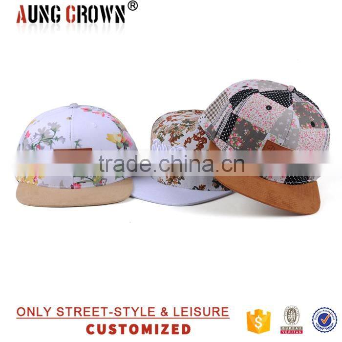 Flower printing fabric leather patch 6 panels snapback caps