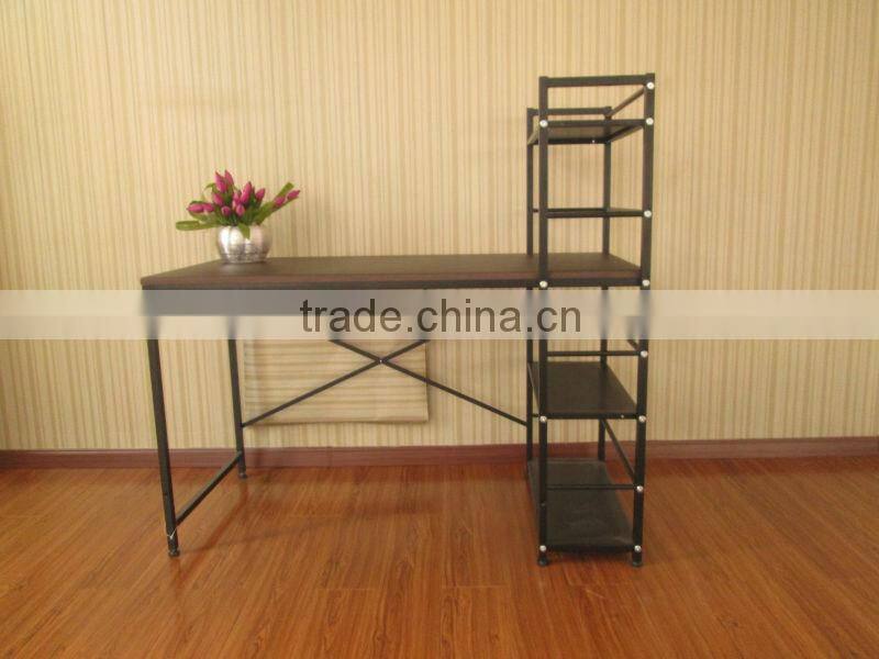wood computer desk with 4-shelf metal bookcase