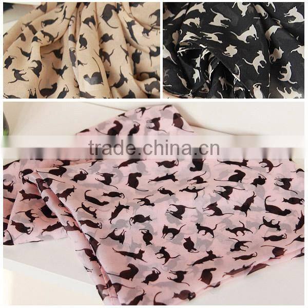 Fashion Lady Cat Print Scarf Wrap Shawl Long Chiffon Scarves Autumn Winter Stole Neck Scarves 2014
